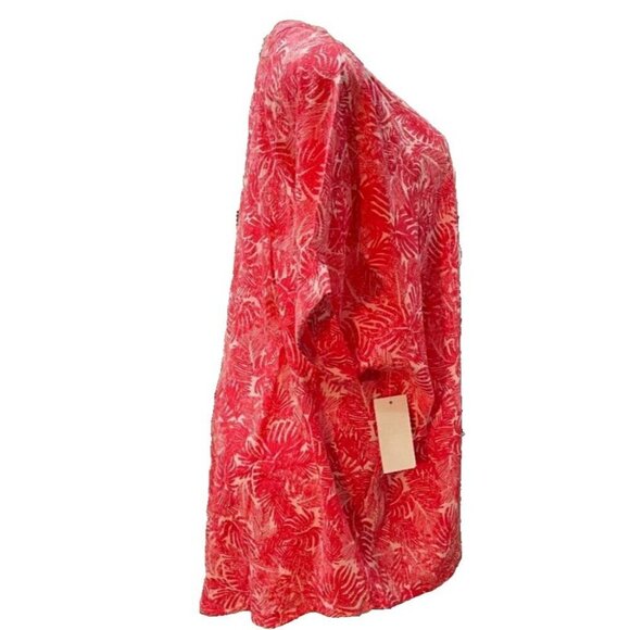 Woman Within +22/24 Coral Leaf Print Split Button Neck Cotton Half Sleeve Top - Picture 3 of 6